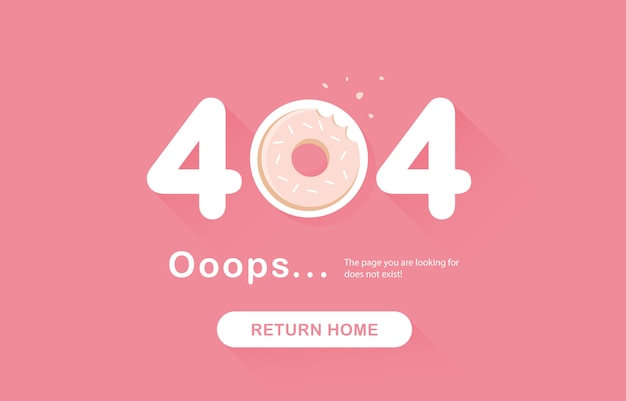 Oeps fout 404, pagina niet gevonden. ga terug banner. systeemfout, gebroken pagina. gebeten donut, eten. pagina met ontwerpelementen. voor website. probleemrapport. roze. .