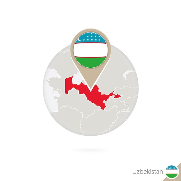 Oezbekistan kaart en vlag in cirkel. kaart van oezbekistan, oezbekistan vlag pin. kaart van oezbekistan in de stijl van de wereld. vectorillustratie.