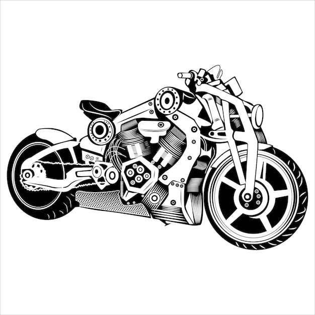 白い背景に分離された手描きのオートバイの。モノクロ スタイル。