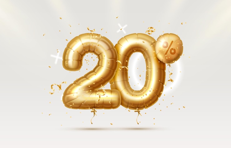 Vector off discount creative composition d golden sale symbol with decorative objects heart shaped balloons