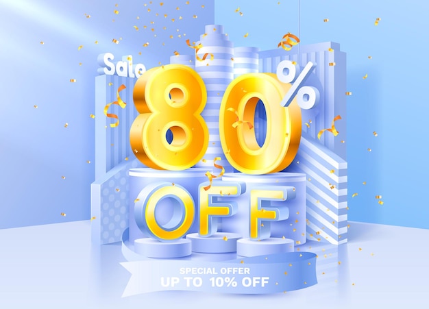 Off discount creative composition d sale symbol with decorative objects golden confetti podium and g...