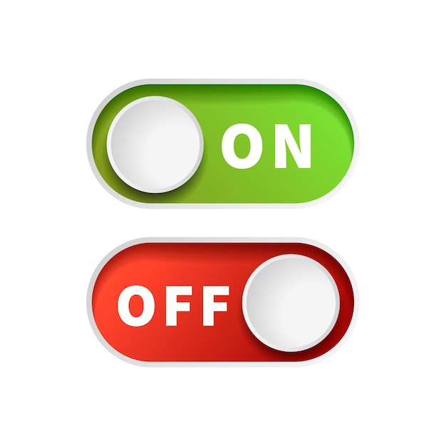 On and Off green and red toggle switch buttons isolated on white