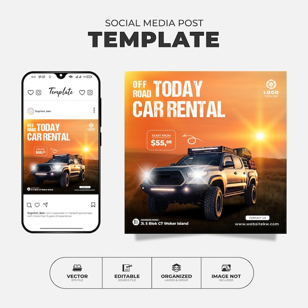 Off-road autoverhuur Social Media Instagram-berichtsjabloon voor promotie