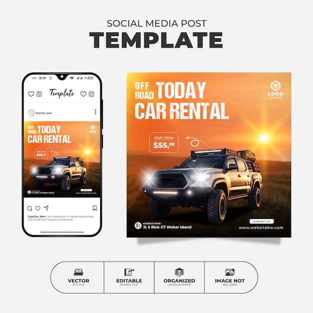 Vector off-road autoverhuur social media instagram-berichtsjabloon voor promotie