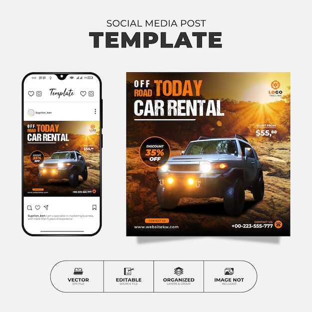 Off-road autoverhuur Social Media Instagram-post en bannersjabloon voor promotie