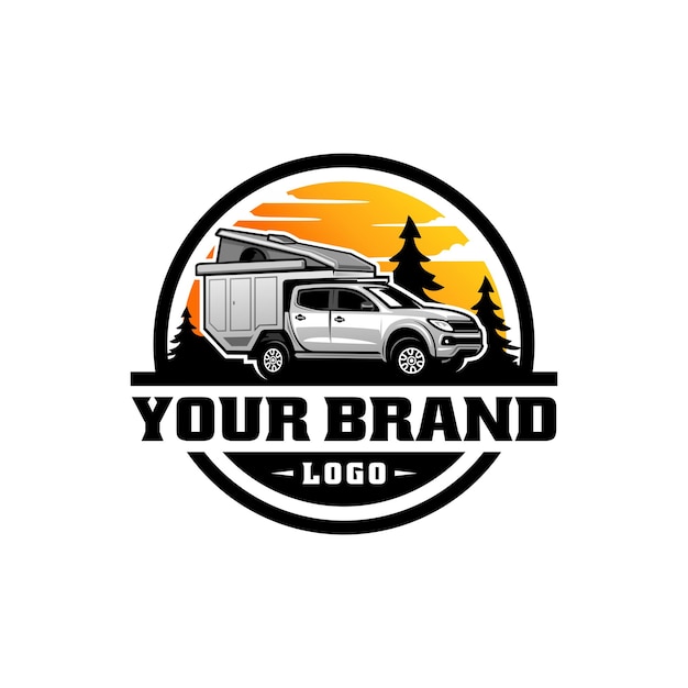 Off-road camper vrachtwagen RV camper illustratie logo vector met dennenbos op de achtergrond