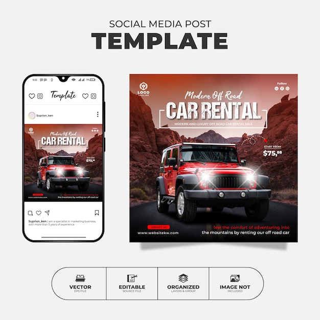Modello di post e banner per social media per autonoleggio fuoristrada per la promozione