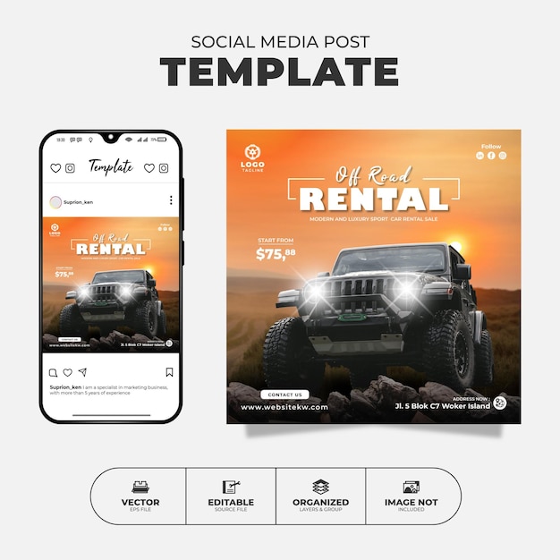 Шаблон поста в социальных сетях instagram off road car rental для продвижения