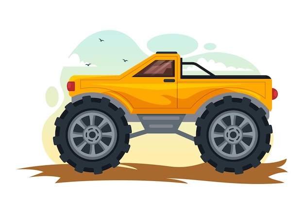 Off Road Illustration with a Jeep Car or SUV to Pass Through Rocky Terrain and Sand in  Hand Drawn