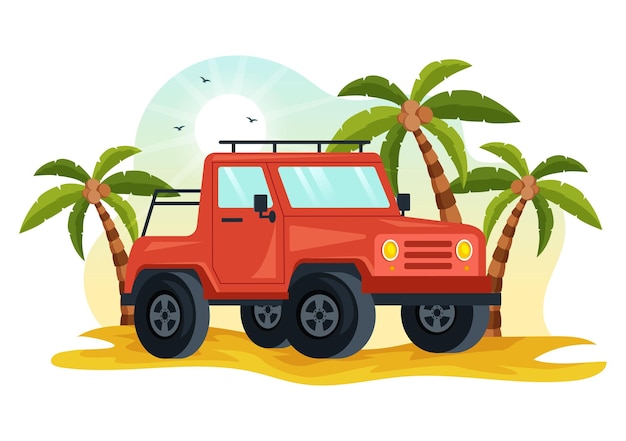 Vettore illustrazione fuoristrada con un'auto jeep o suv per passare attraverso terreni rocciosi e sabbia disegnata a mano