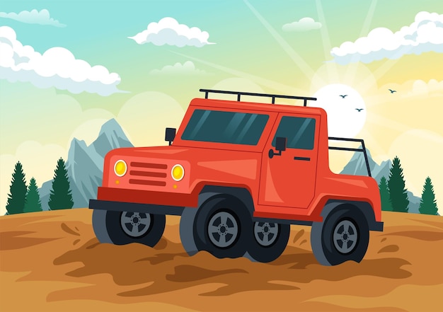 Illustrazione fuoristrada con un'auto jeep o suv per passare attraverso terreni rocciosi e sabbia disegnata a mano