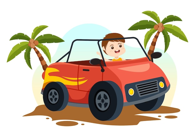 Off Road Illustration with Little Kids Driving a Jeep to Drive Through Sand Terrain in and Drawn