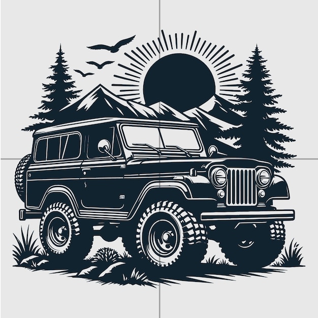 Vettore off-road avventura off-road monster truck off-road auto silhouette della foresta