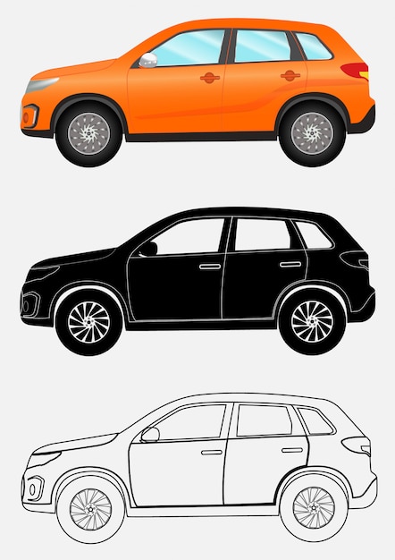 Vector off-road vehicle in three different styles: orange, black silhou