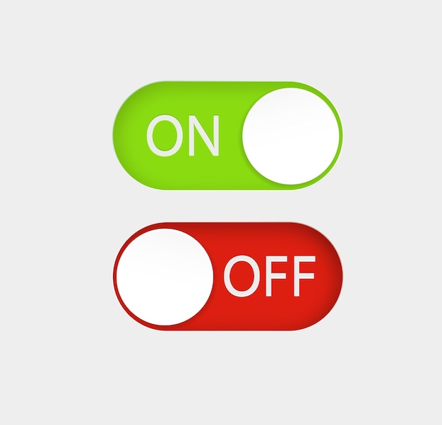 켜기 및 끄기 슬라이더 버튼 빨간색 및 녹색 스위치 인터페이스 버튼 벡터