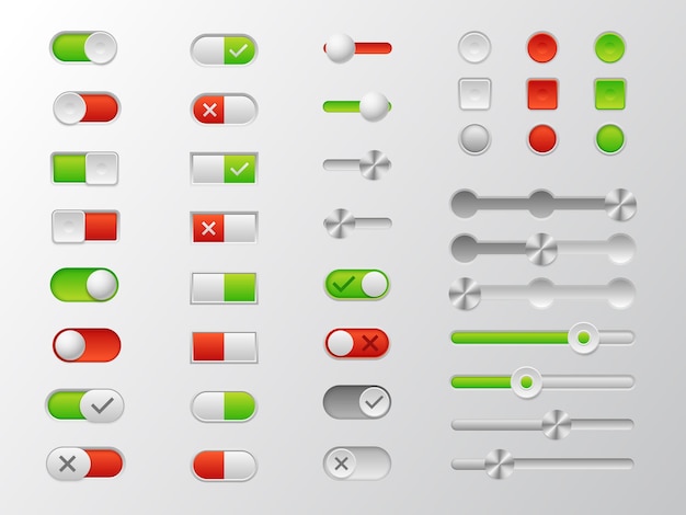 켜기 및 끄기 스위치 단추 UI 디자인 실제 메뉴 요소 빨간색 및 녹색 표시가 있는 웹 슬라이더 3D 대시보드 전원 전환기 앱 인터페이스 회전 아이콘 벡터 패널 토글 세트