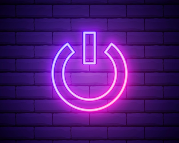 Icona del pulsante di accensione dell'interruttore di accensione in stile neon semplice vettore di contorno a linea sottile delle icone di energia per il sito web ui e ux o l'applicazione mobile isolata su un muro di mattoni