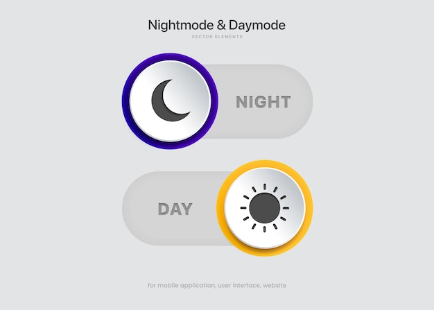 On and off toggle switch buttons. Light and Dark mode buttons. Day and night mode switch buttons