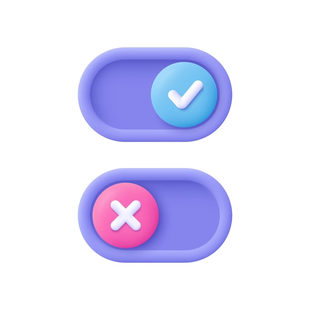 On Off toggle switch interface buttons Tick check mark and cross mark symbols 3d vector icon Cartoon minimal style