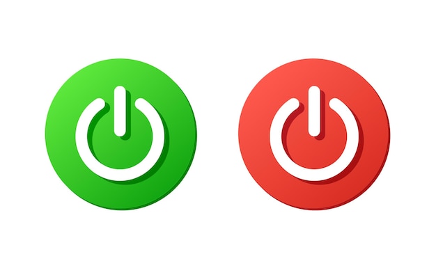 Il set di icone vettoriali di accensione e spegnimento disattiva il segno di spegnimento del pulsante arrotondato verde e rosso