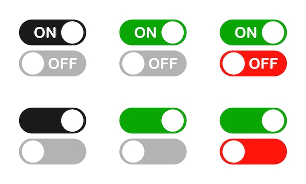 Icone vettoriali on e off impostate in stile piatto, pulsanti di commutazione per l'interfaccia dell'app e il web