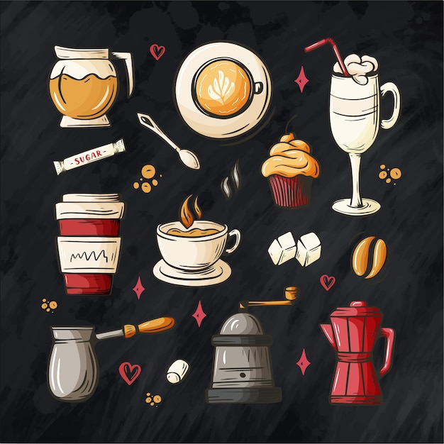 Vector offee elements in sketch style. hand drawn vintage cartoon design