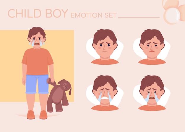 Offended little boy crying semi flat color character emotions set