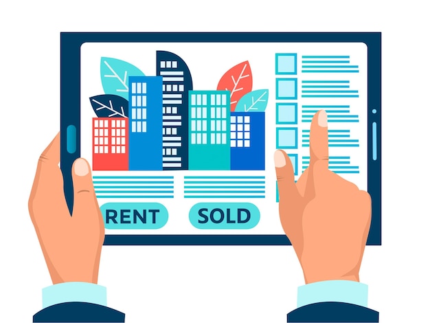 Vector an offer of rent and purchase of housing on the website of a real estate agency on a tablet screen