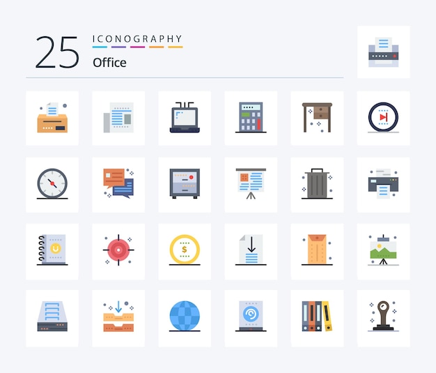 Office 25 Flat Color icon pack including onward office office movie office desk