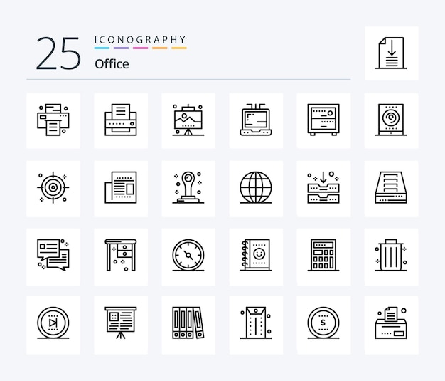 Office 25 line icon pack including streaming office seo work deck