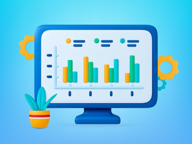 인포그래픽과 함께 오피스 3D 모니터 화면 아이콘 컴퓨터 및 공장 관리자 분석 그래프 비즈니스 금융 터 렌더 개념