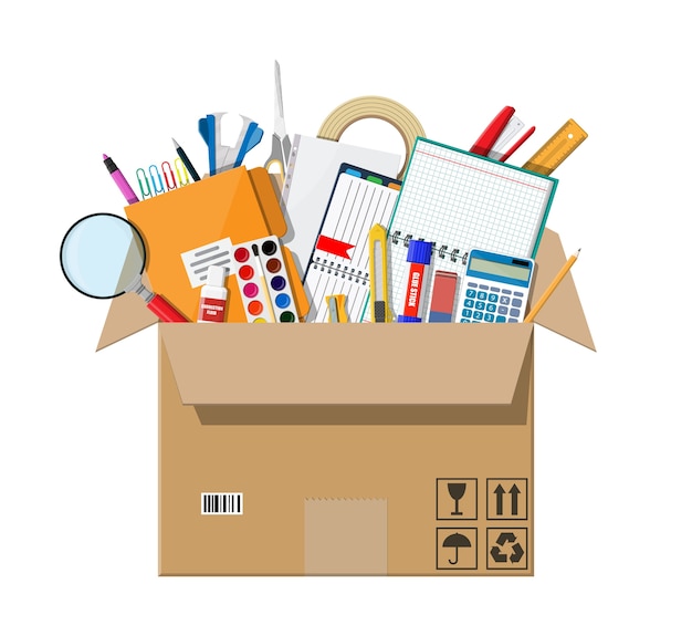 Office accessories in cardboard box. Book, notebook, ruler, knife, folder, pencil, pen, calculator scissors paint tape file. Office supply stationery and education. 