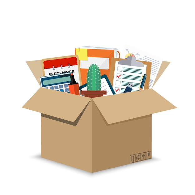 Office accessories in a cardboard box