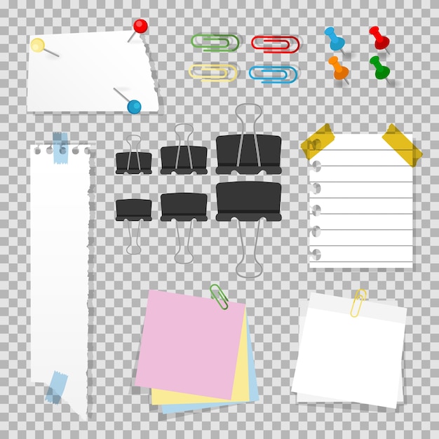 Office accessories set with push pins, staples, clips, note paper, sticky sheets and scotch isolated