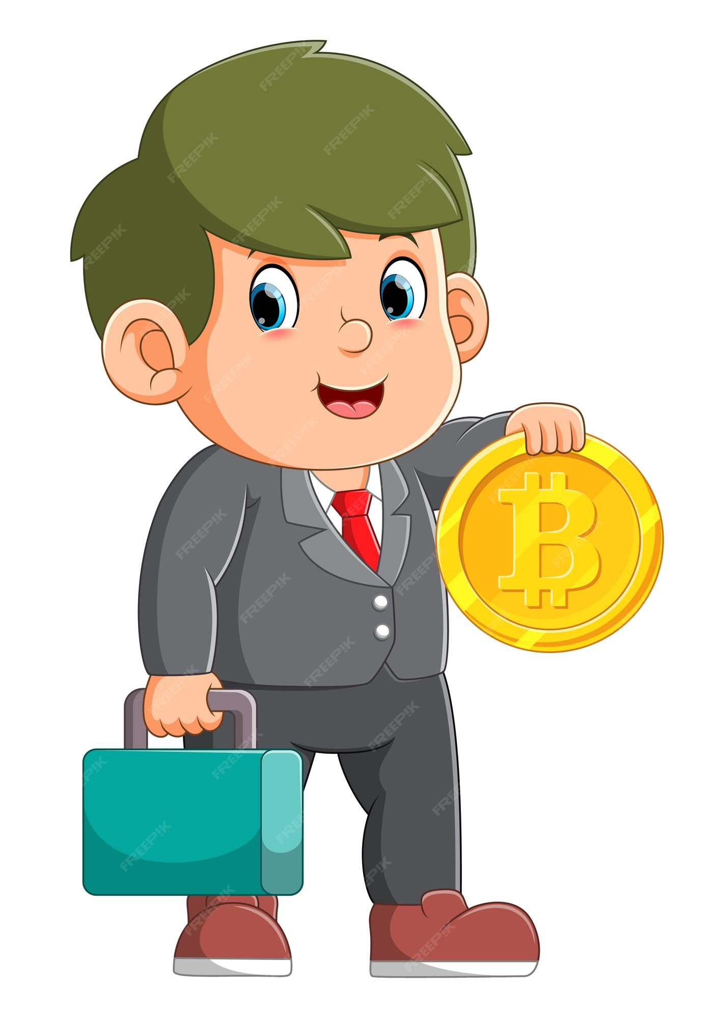 Premium Vector | The office boy is bringing the bitcoin and his bag