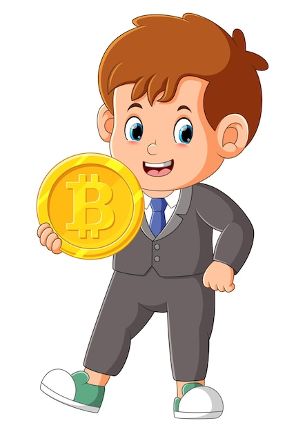 The office boy is posing with the big bitcoin nicely