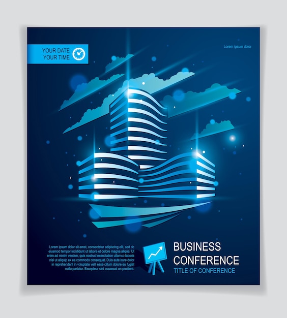 Office building brochure, modern architecture vector flyer with blurred lights and glares effect. Real estate business center blue design. 3D futuristic facade business conference print template.