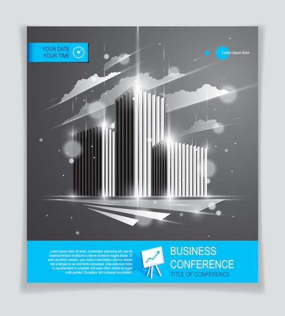 Office building brochure, modern architecture vector flyer with blurred lights and glares effect. Real estate business center grey design. 3D futuristic facade business conference print template.