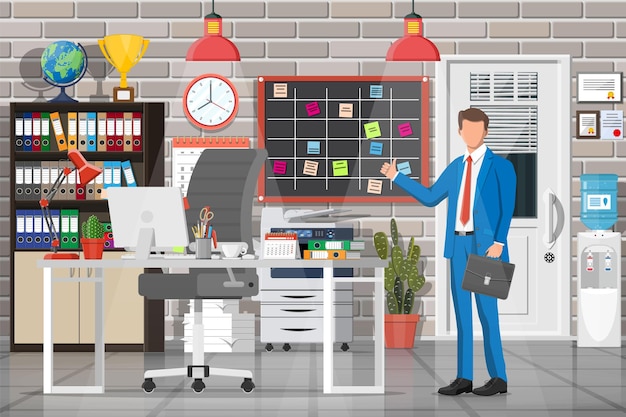 Office building interior. Businessman near desk with computer, chair, lamp, books and document papers. Drawer, tree, clocks, calendar, printer. Modern business workplace. Flat vector illustration