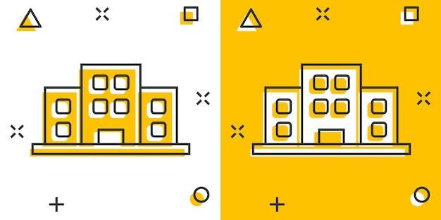 Иконка знака офисного здания в комическом стиле векторная иллюстрация квартиры на изолированном фоне архитектура эффект всплеска бизнес-концепция