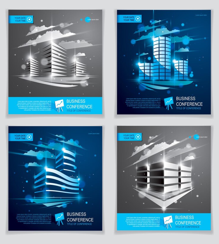 Vector office buildings brochures set, modern architecture vector flyers with blurred lights and glares effect. real estate business center blue designs. 3d futuristic facades business conference templates.