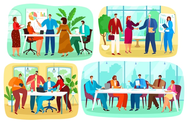 Vector office business meeting teamwork vector illustration set cartoon flat businessman boss leader