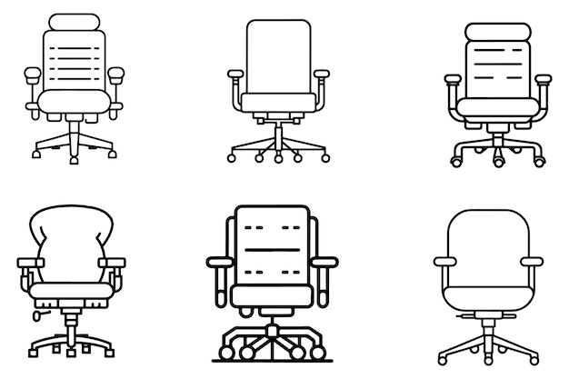 Set di sedie da ufficio vettore di contorno su sfondo bianco