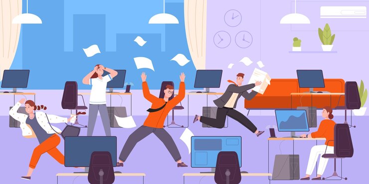 Vector オフィスの混乱 企業崩壊 ストレス ワークスペース 急いでいる労働者が紙を投げる パニック 労働環境 紛争 上司と忙しく疲れた従業員 職場パニックのベクトルイラスト 締め切りが忙しい