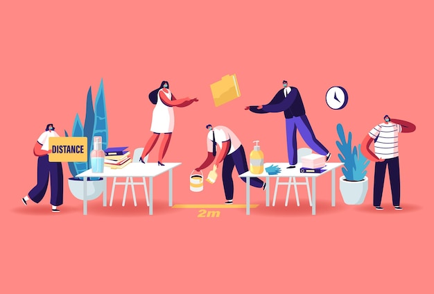 office characters in medical masks work in office on distance. worker man painting distancing markup between desks. working process during coronavirus pandemic. cartoon people vector illustration