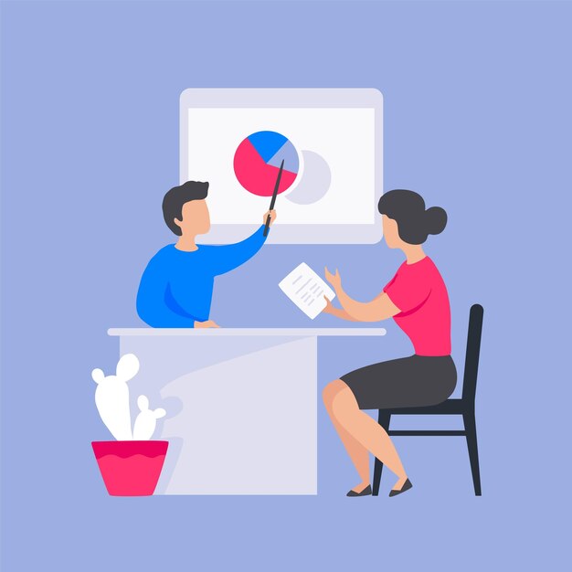 Office characters People sitting at table studying documents and information diagrams Man and woman communication and project management partnership social relations Vector business concept