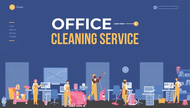 Office cleaning service banner with cleaning staff cartoon vector illustration