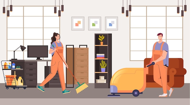 Office cleaning service workers concept