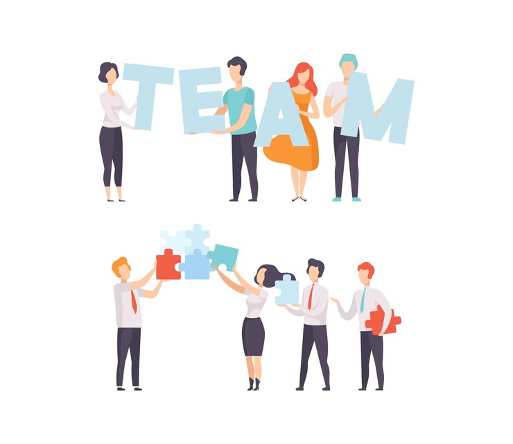 Vector office colleague working together solving jigsaw puzzle vector set