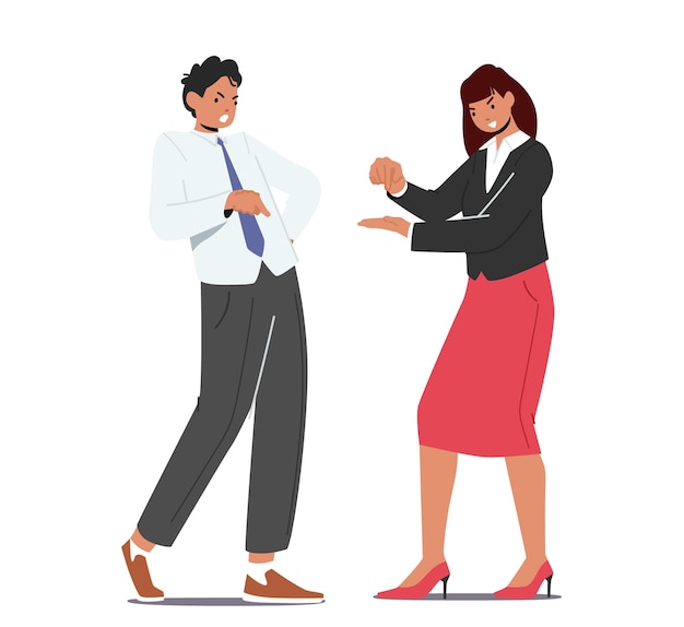 Vector office colleagues fighting quarrel arguing conflict between business man and woman with isolated on white background